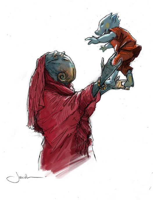 Aki-Aki mother and child. Part of the design process with the Aki-Aki was to illustrate various little background moments that might add to the colour and richness of the world.