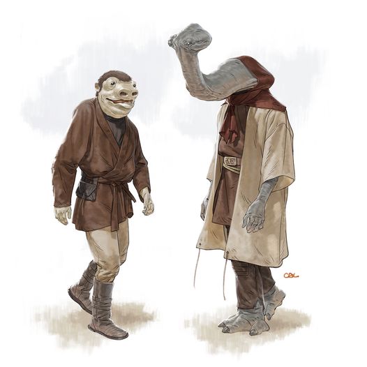 Costume concept art for Tatooine crowd, legacy creatures Snaggletooth and Hammerhead.