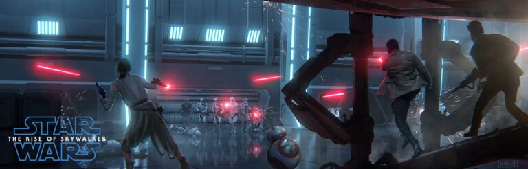 Rey, Finn, and Poe storming off of Ochi's ship with guns blazing.