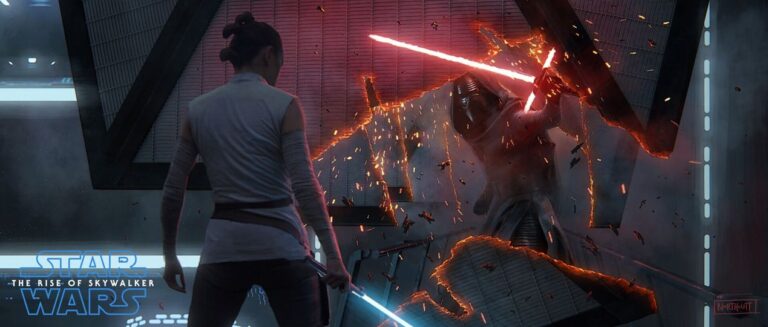 Rey and Kylo fight up on a gantry where Kylo cuts though Tie Fighter wings to get to Rey.