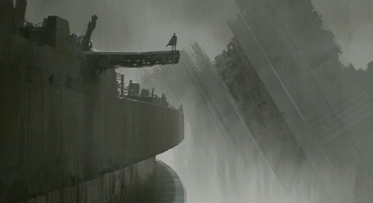 Ben Solo stands on a precipice atop the broken remnants of the second Death Star, moments before his slain father, Han Solo, appears.