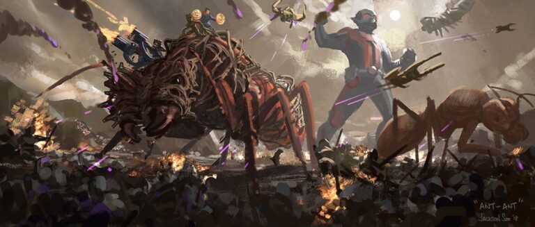 A Teamup vehicle at the final battle. Giant ants courtesy of Ant-Man with wood armor from Groot and weapon support from Rocket Raccoon and Dr.Strange.