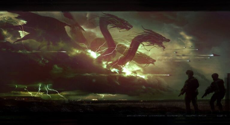A composition sketch- showing Ghidorah in the clouds & chasing the Monarch fleet.