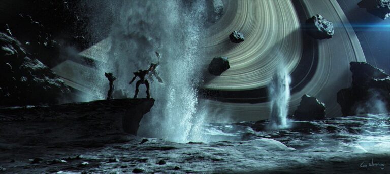 A keyframe when Dropkick and Shatter track down Cliffjumper on an asteroid that is passing the planet Saturn.