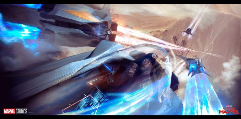 An early keyframe concept, with Fury and Goose been chased and piloting one of the Kree pods!