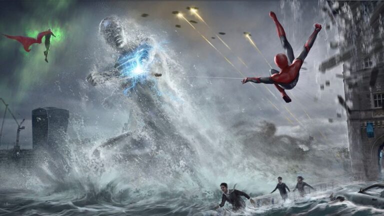 London battle, Spider-Man fighting the water elemental at Tower Bridge.