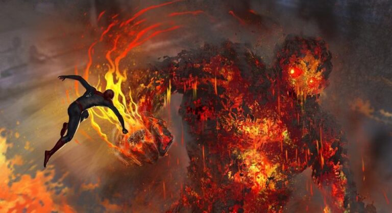 Spider-Man fighting with the Fire Elemental.