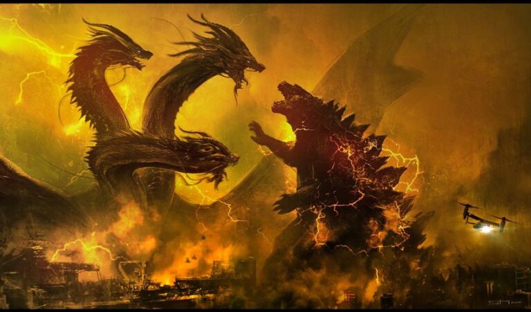 Exploring poses, composition, scale and lighting for Godzilla vs Ghidorah.