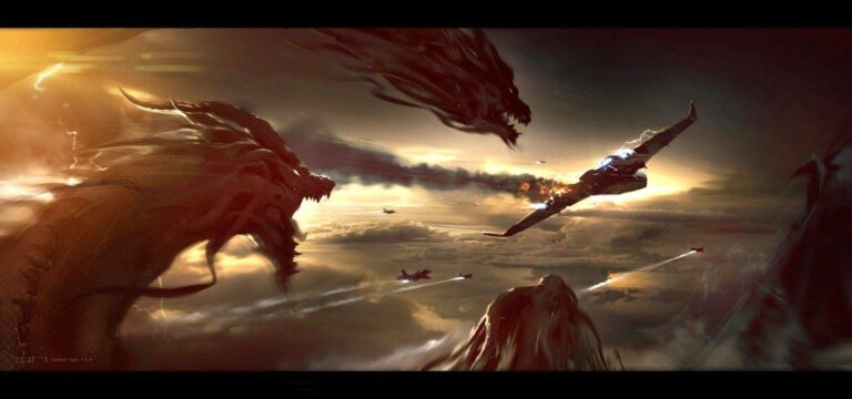 Ghidorah in pursuit of the command ship keyframe.