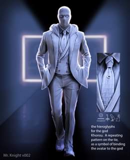May be an image of 1 person, suit and text that says '三本良ഷ 日 Mr. Knight v002 the hieroglyphs for the god Khonsu. A repeating pattern on the tie, as symbol of binding the avatar to the god'