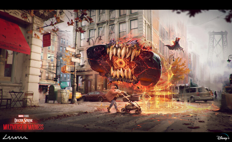 A keyframe and VFX design of Doctor Strange saving a woman with a stroller in the beginning of the movie..