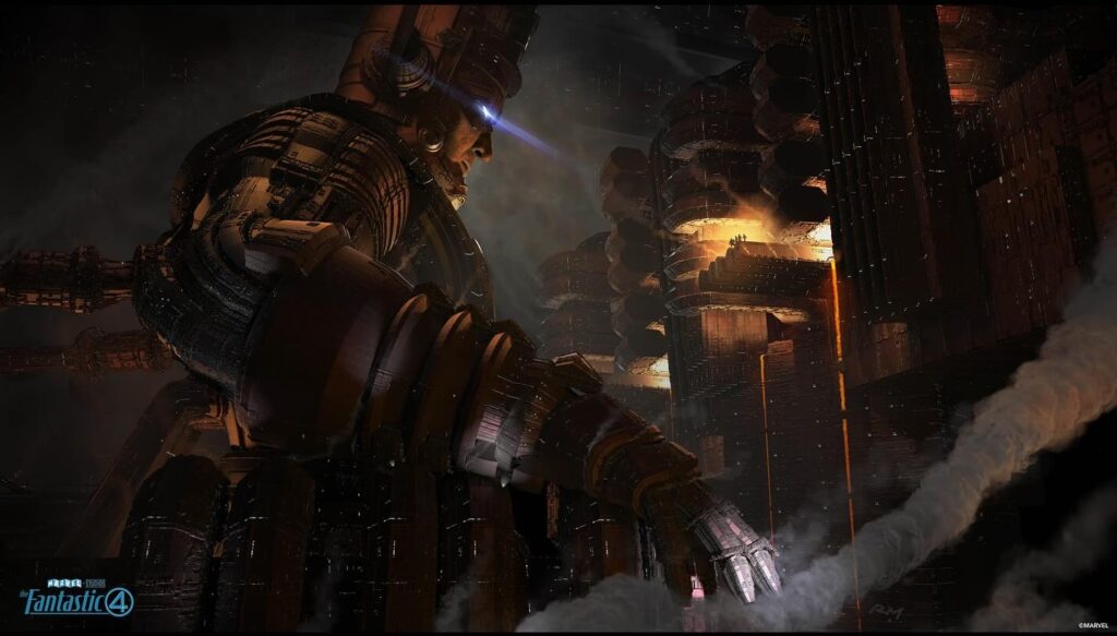 A keyframe from a close-up encounter , showcasing the sheer scale and immense power of Galactus meetingThe Fantastic Four.