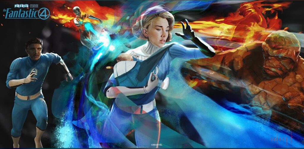 An early concept illustration by Rodney Fuentebella ( capturing a high-stakes moment as the Silver Surfer relentlessly pursues Marvel’s First Family. The tension and energy highlight each member of the Fantastic Four fighting side-by-side under extreme pressure.