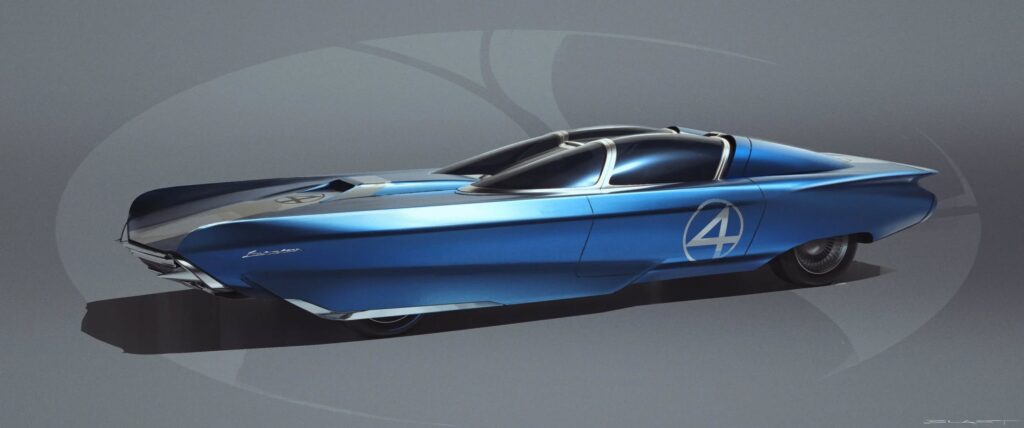 An incredible early concept art for the Fantastic Four's iconic Fantasticar!