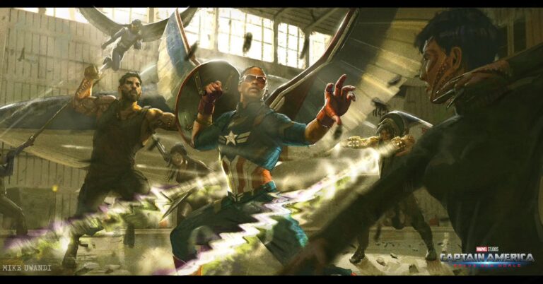 An intense early keyframe showcasing Sam Wilson’s Captain America in action against the Serpent Society — a dynamic battle scene packed with power, precision, and purpose.