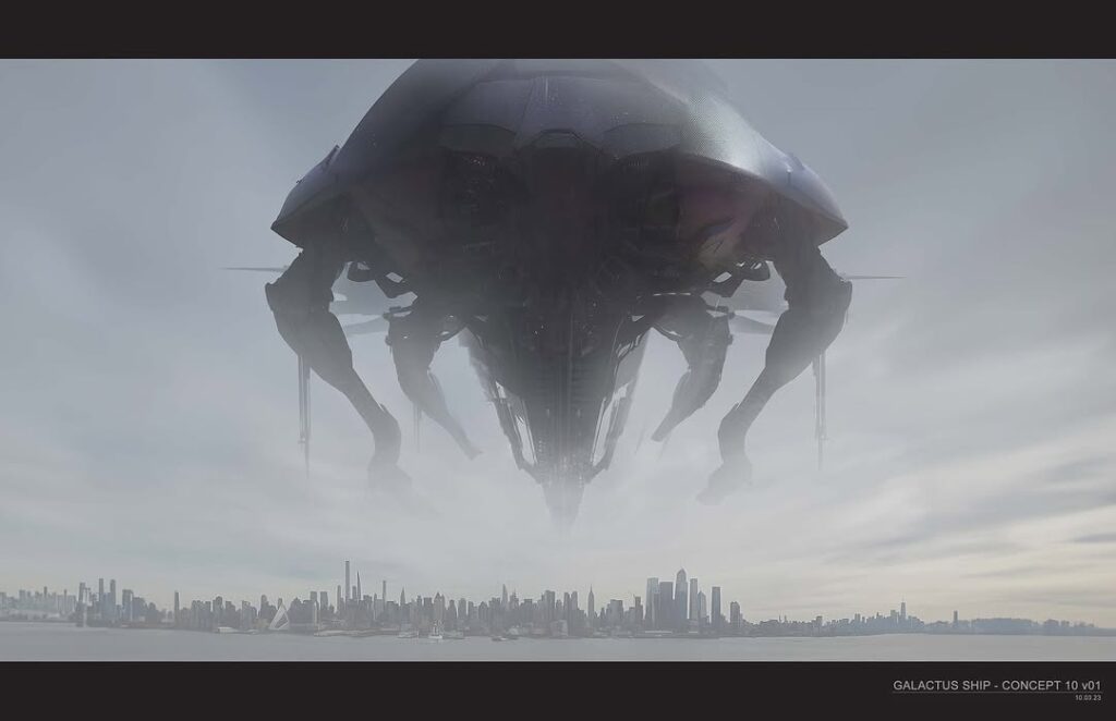 These four images showcase stunning early concept designs for the World Ships of Galactus, created by artist Victor Martinez (.