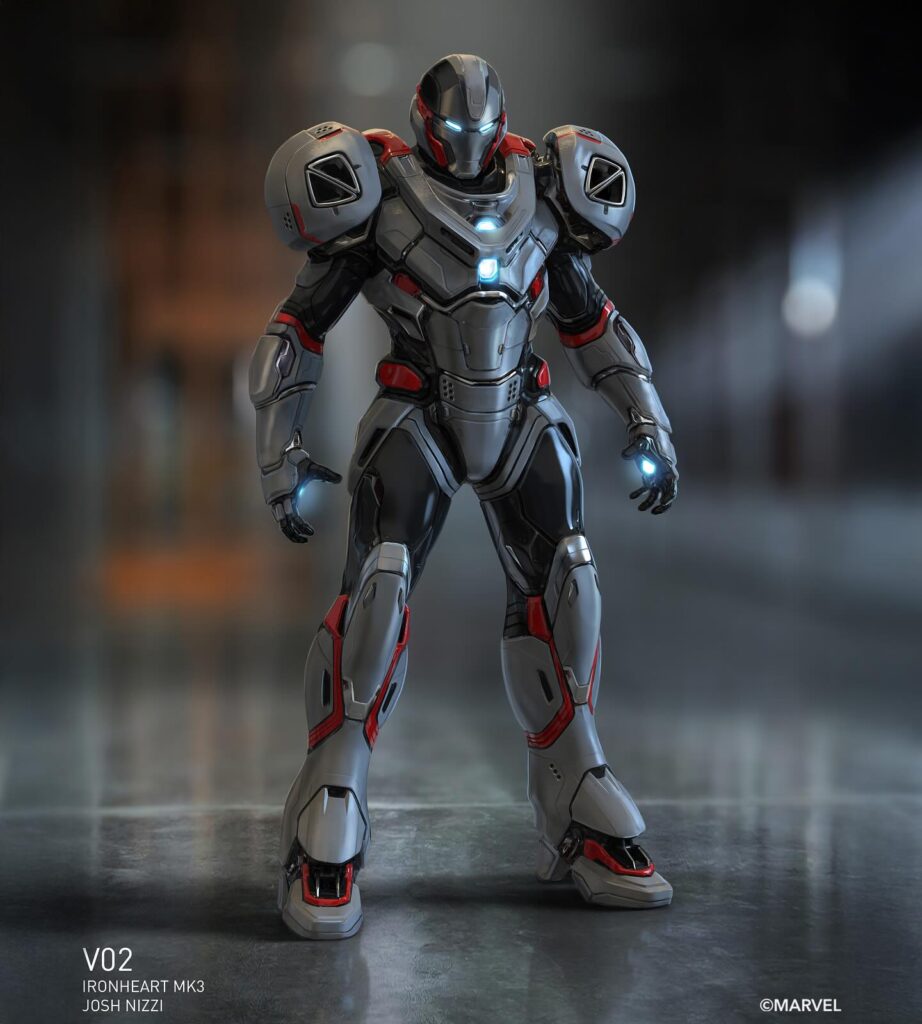 This early take on the Ironheart MK3 suit (the sleek, dark armor) explores a powerful and intimidating silhouette.