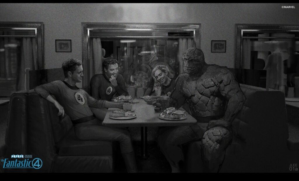 A keyframe of Fantastic Four enjoying a meal after their fight with Giganto.
