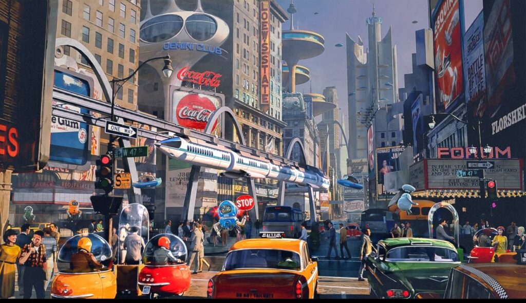 Keyframe illustration from the concept art for Fantastic Four: First Steps, created by Joe Studzinski (.