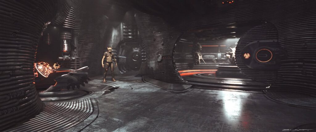 Early concept art exploration of Kwei’s Yautja ship main room, pilot chair and cockpit for Predator: Badlands movie.