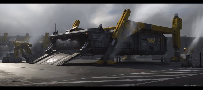 Early concept design explorations for the Weyland-Yutani base landers in Predator: Badlands movie.