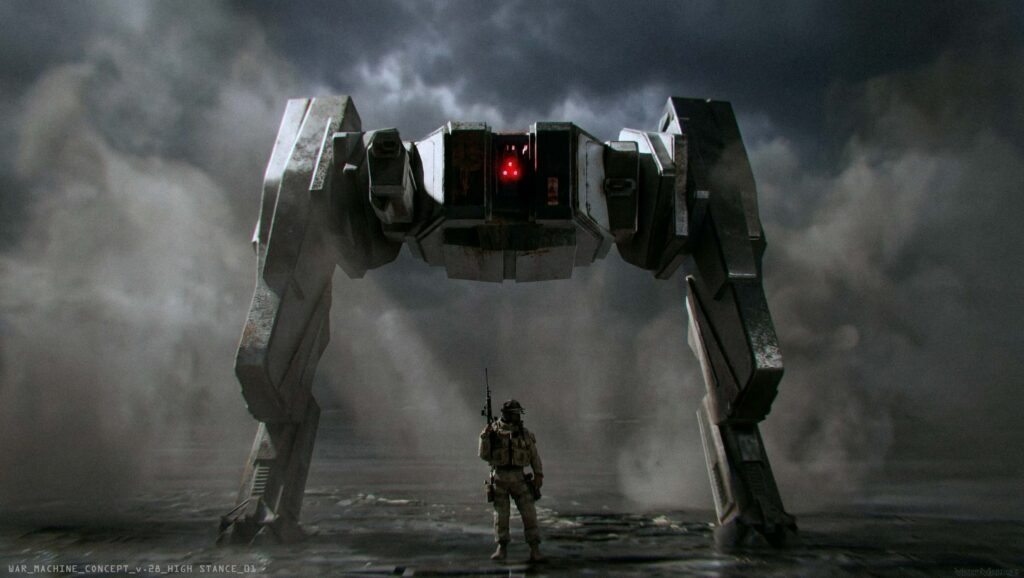 Early concepts of the Mecha killing machine concept design from War Machine movie on Netflix.