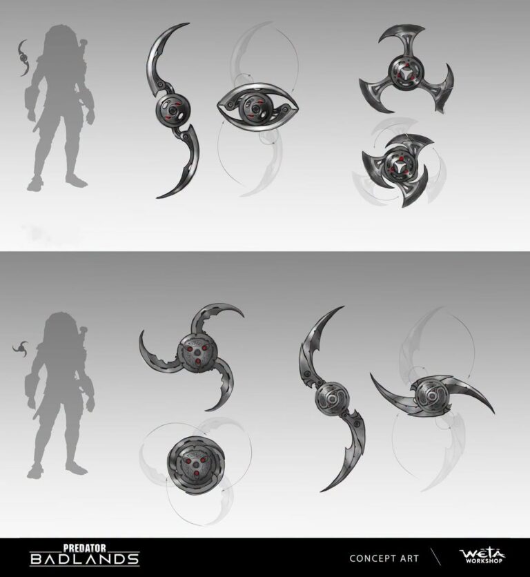 Early ideas for the Yautja Sword, Shuriken, Bow, Rifle and Shield.